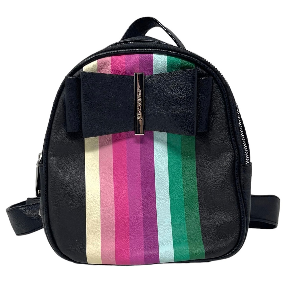 BETSEY JOHNSON Black Multicolored Striped BOW Women Backpack S Small